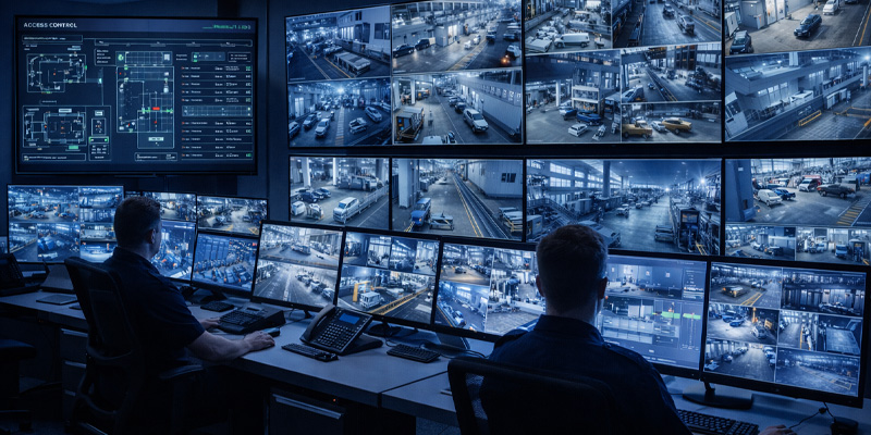 Security operations center monitoring building security solutions with multiple surveillance feeds and access control systems