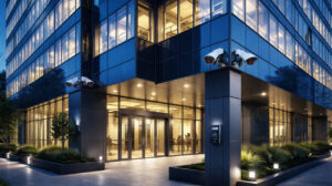 Modern commercial building with integrated building security solutions including surveillance cameras and access control systems