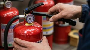 Fire extinguisher refilling service, technician filling a red cylinder in a workshop, realistic photo style