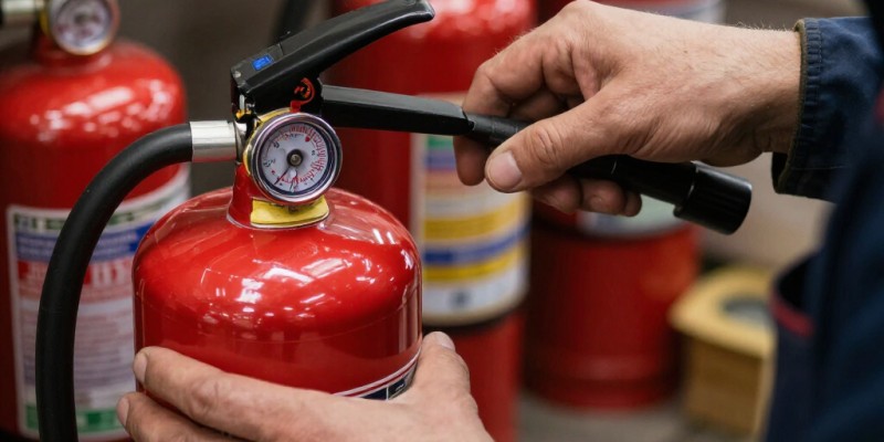 Fire extinguisher refilling service, technician filling a red cylinder in a workshop, realistic photo style